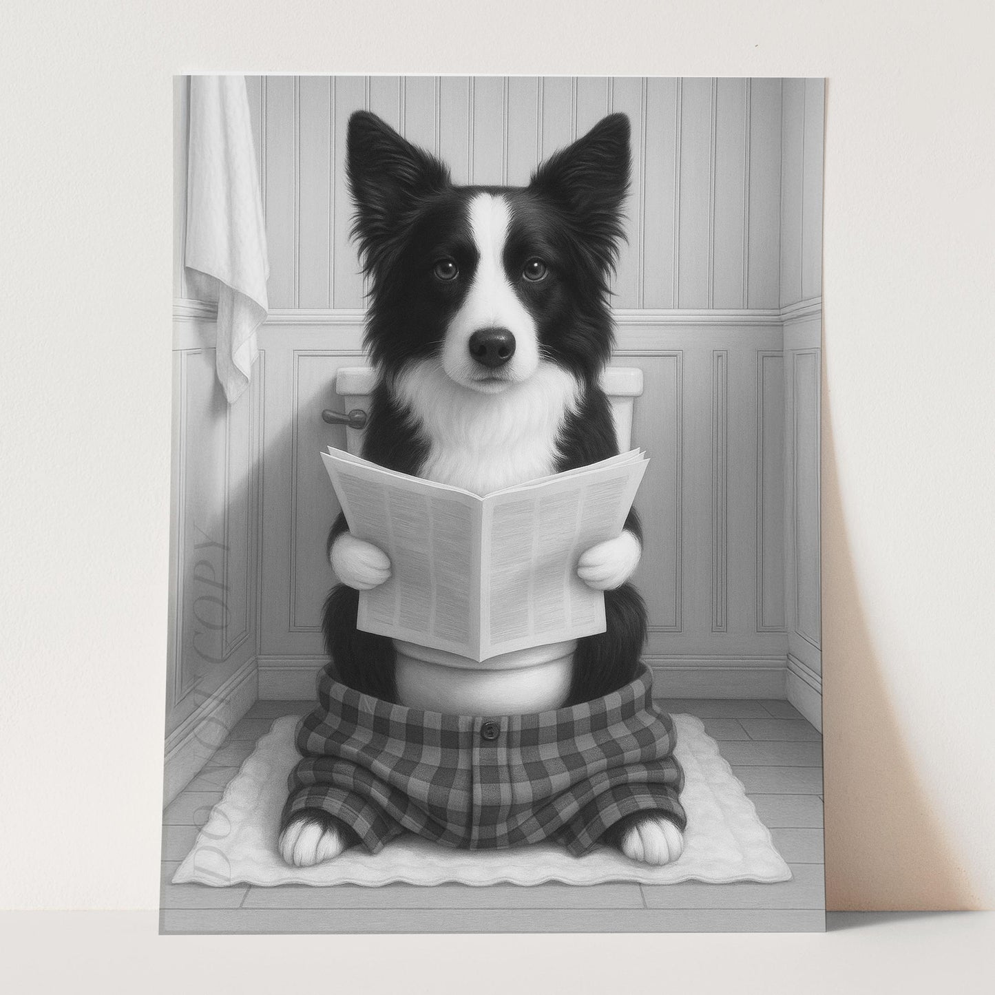 Border Collie Dog Reading The Newspaper On The Toilet