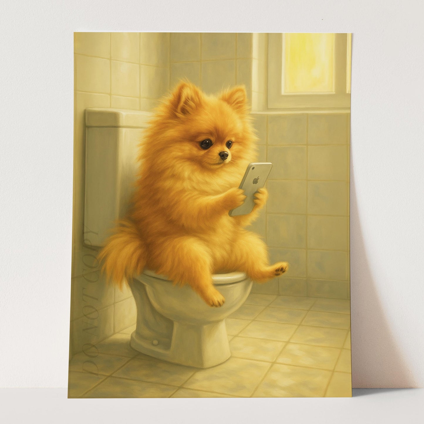 Pomeranian Dog On The Phone On The Toilet