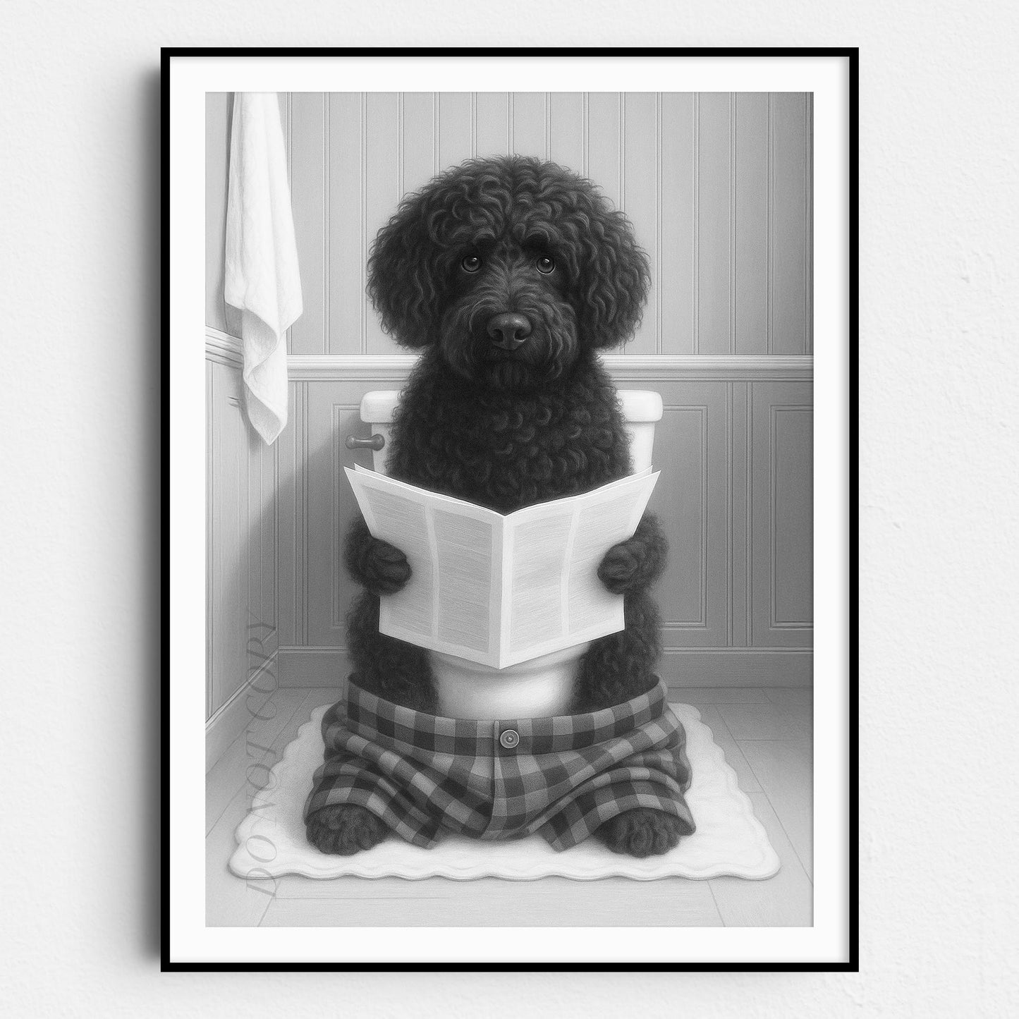 Portuguese Water Dog Reading The Newspaper On The Toilet