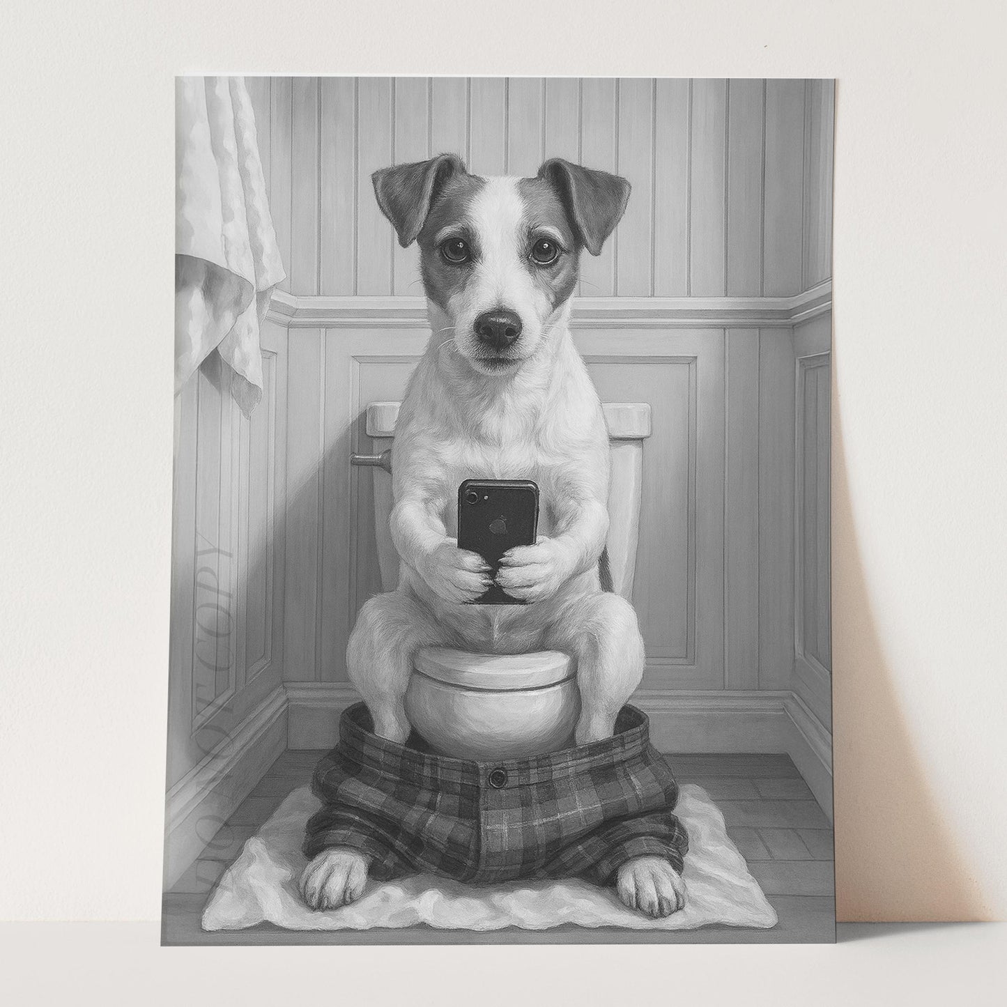 Jack Russell Terrier Dog On The Phone On The Toilet