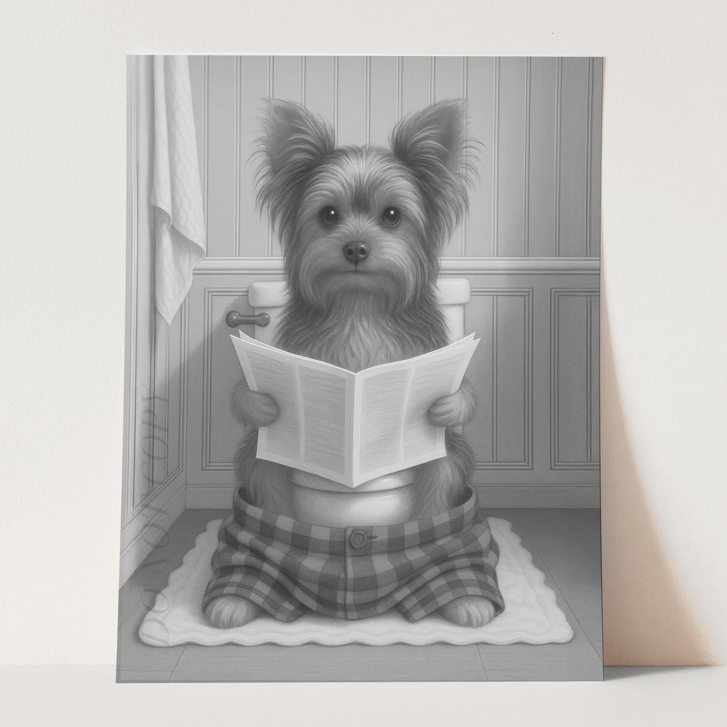 Yorkshire Terrier Dog Reading The Newspaper On The Toilet
