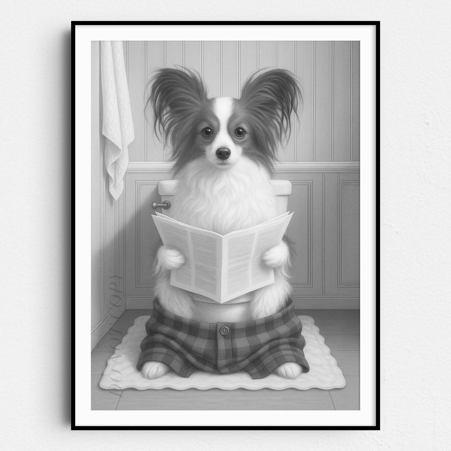 Papillon Dog Reading The Newspaper On The Toilet