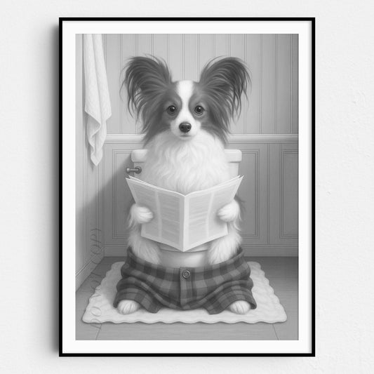 Papillon Dog Reading The Newspaper On The Toilet