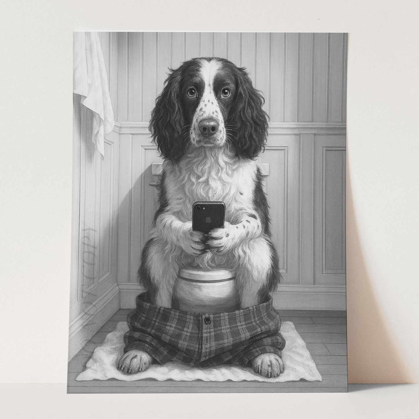 English Springer Spaniel Dog On The Phone On The Toilet