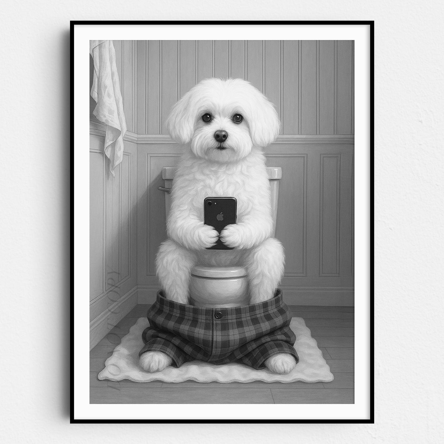 Maltese Dog On The Phone On The Toilet