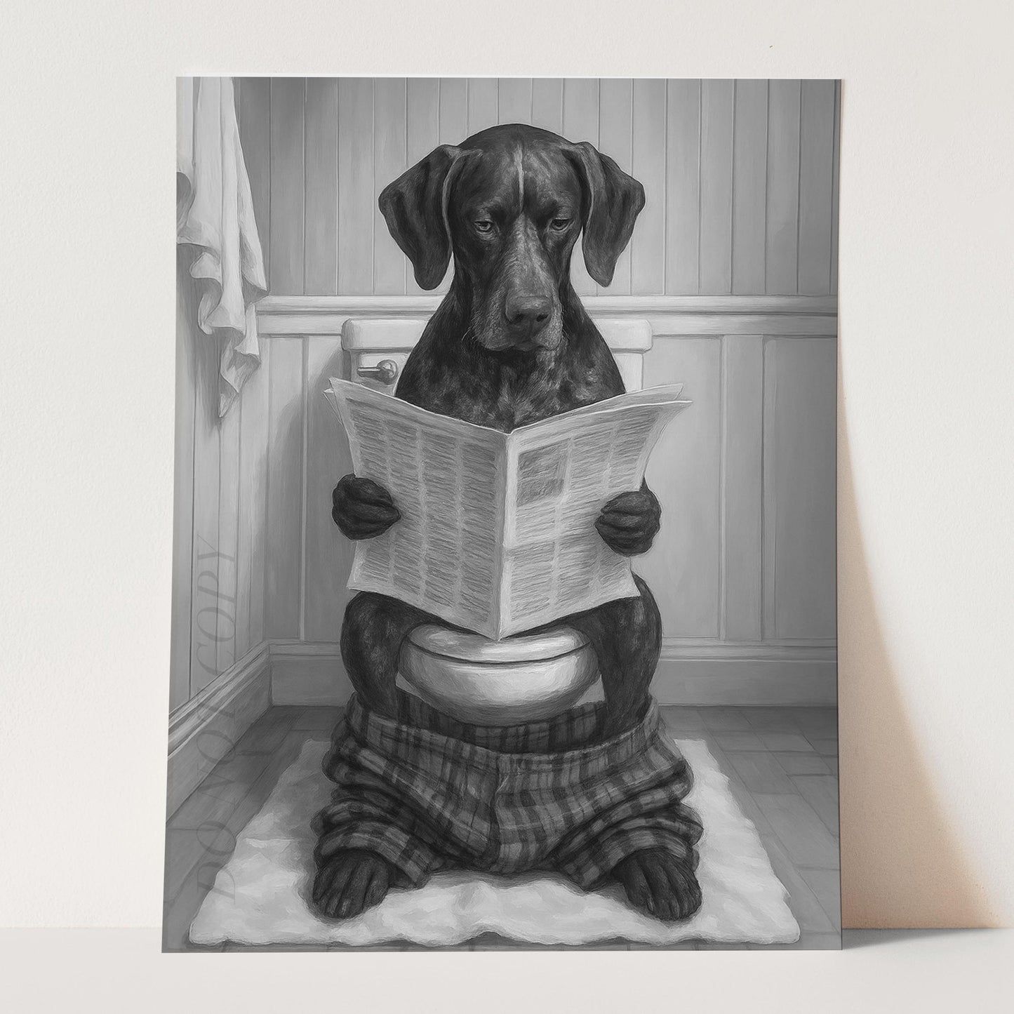 German Shorthaired Pointer Dog Reading The Newspaper On The Toilet