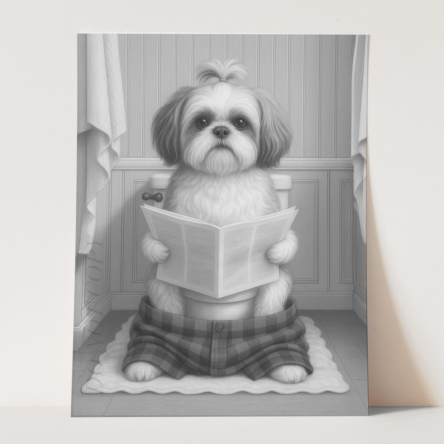 Shih Tzu Dog Reading The Newspaper On The Toilet