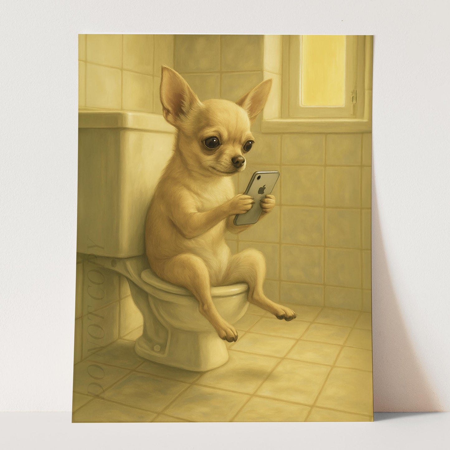 Chihuahua Dog On The Phone On The Toilet