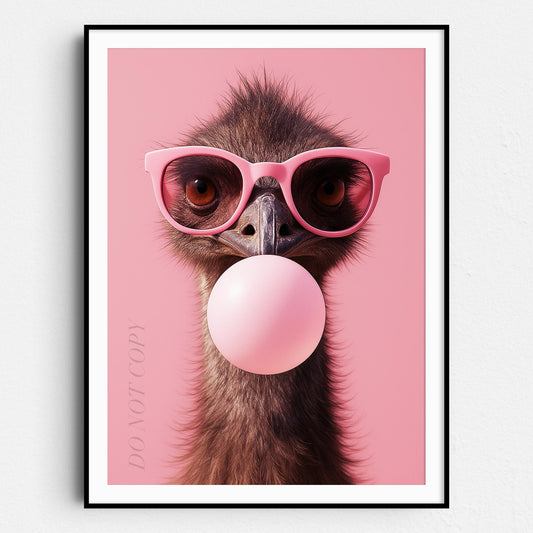 Emu with Sunglasses Blowing Pink Bubble Gum