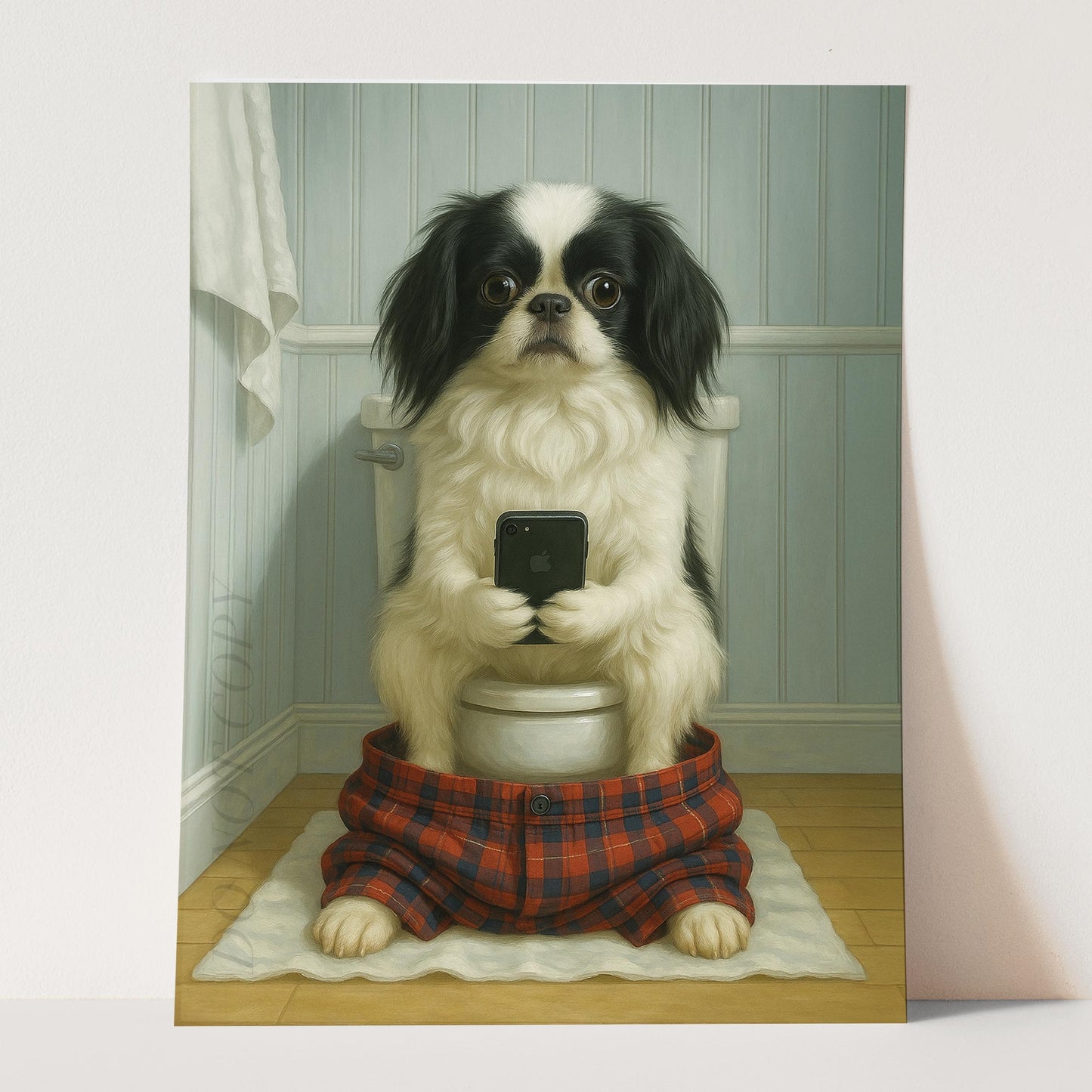Japanese Chin Dog On The Phone On The Toilet