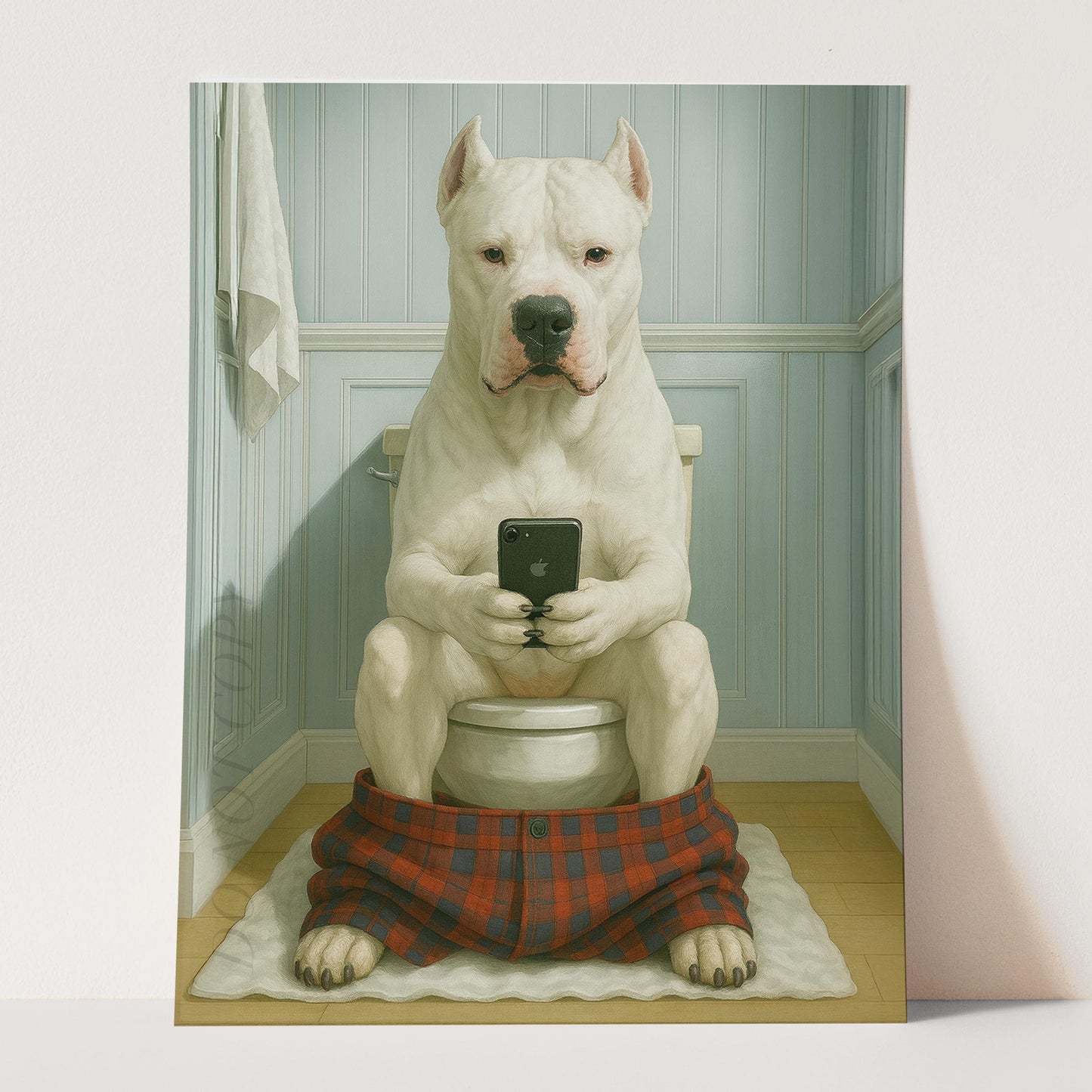 Dogo Argentino Dog On The Phone On The Toilet