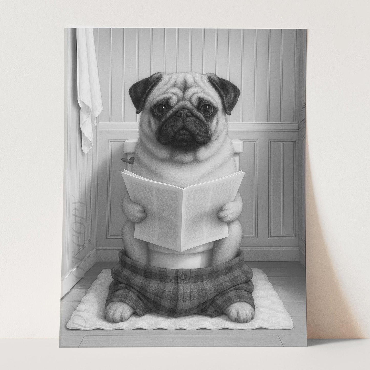 Pug Dog Reading The Newspaper On The Toilet