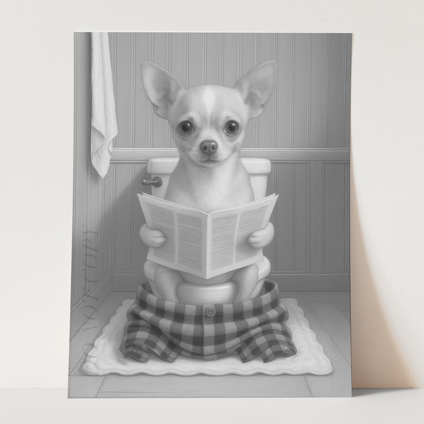 Chihuahua Dog Reading The Newspaper On The Toilet