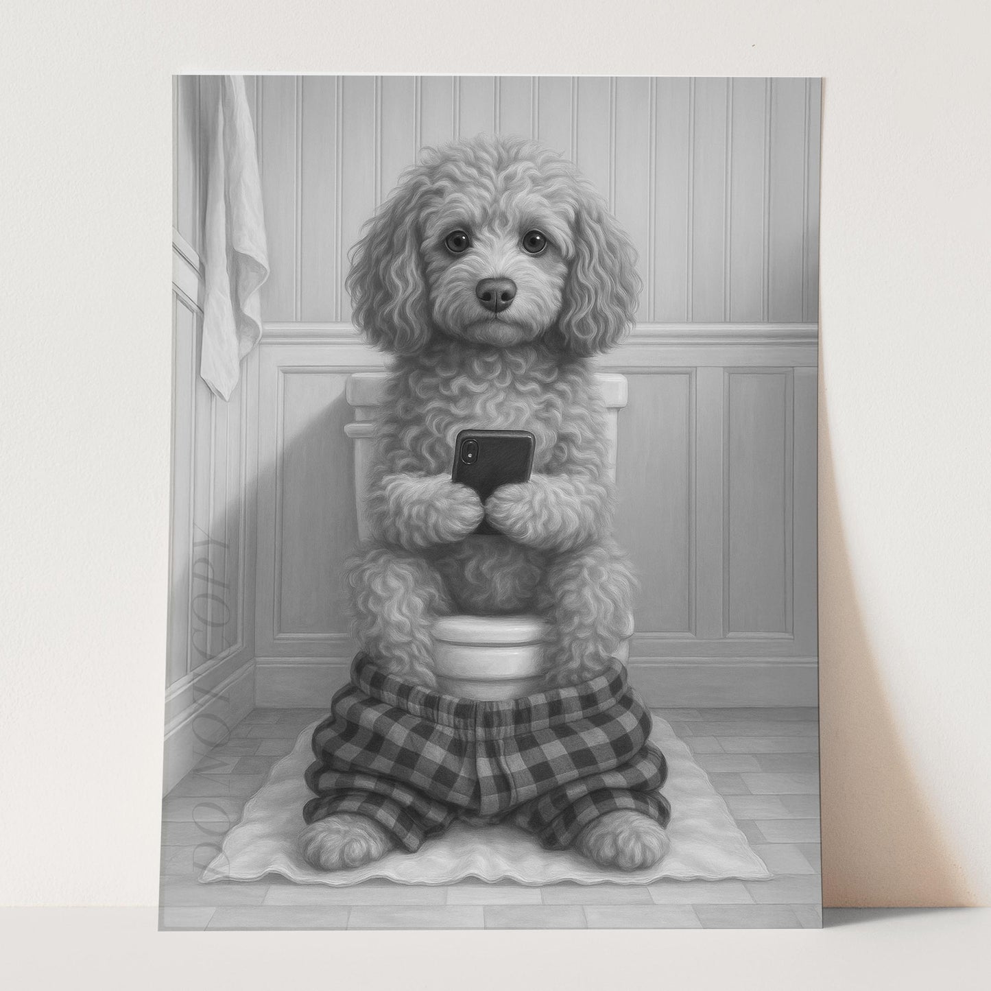Cockapoo Dog On The Phone On The Toilet