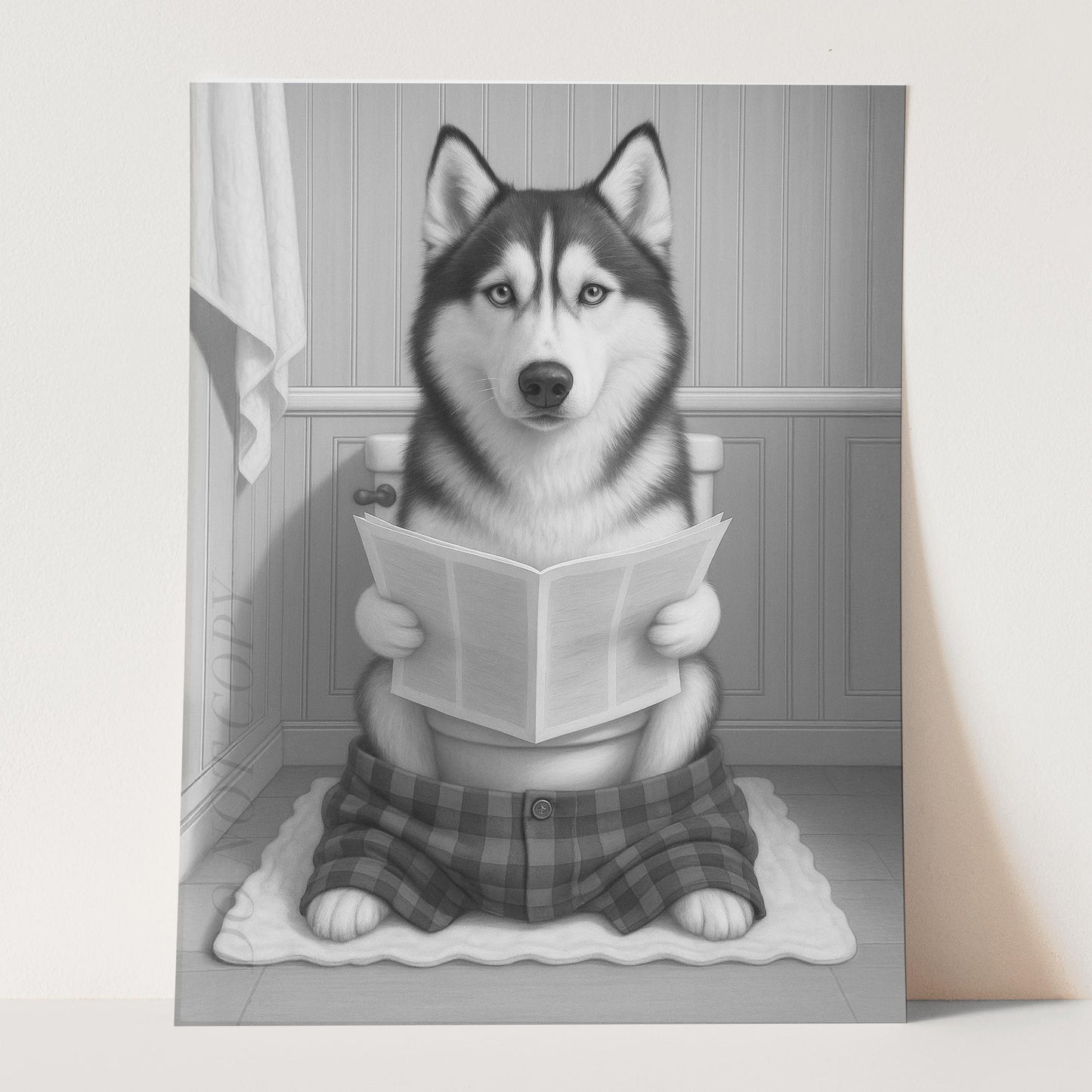 Husky Dog Reading The Newspaper On The Toilet