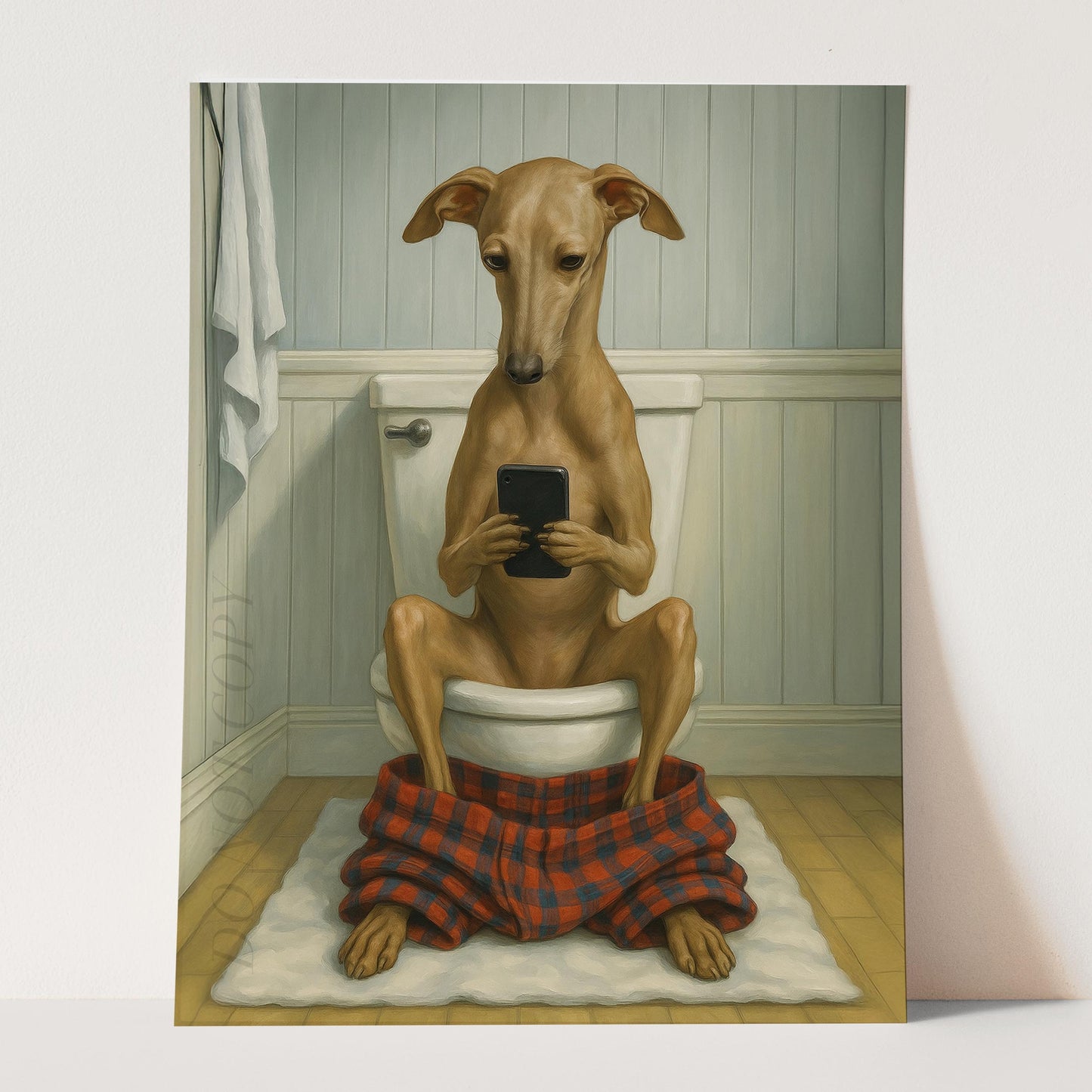Italian Greyhound Dog On The Phone On The Toilet