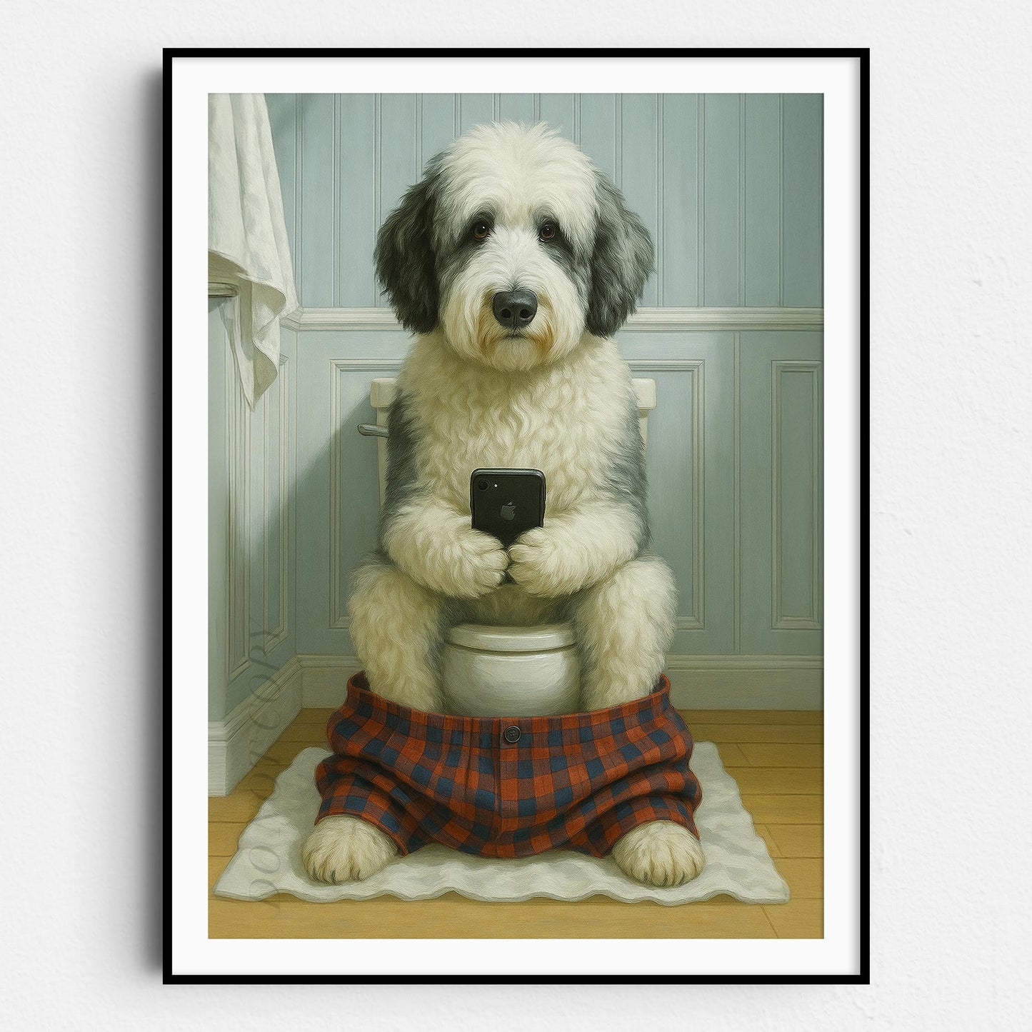 Sheepadoodle Dog On The Phone On The Toilet