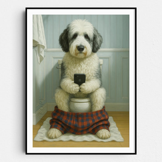 Sheepadoodle Dog On The Phone On The Toilet