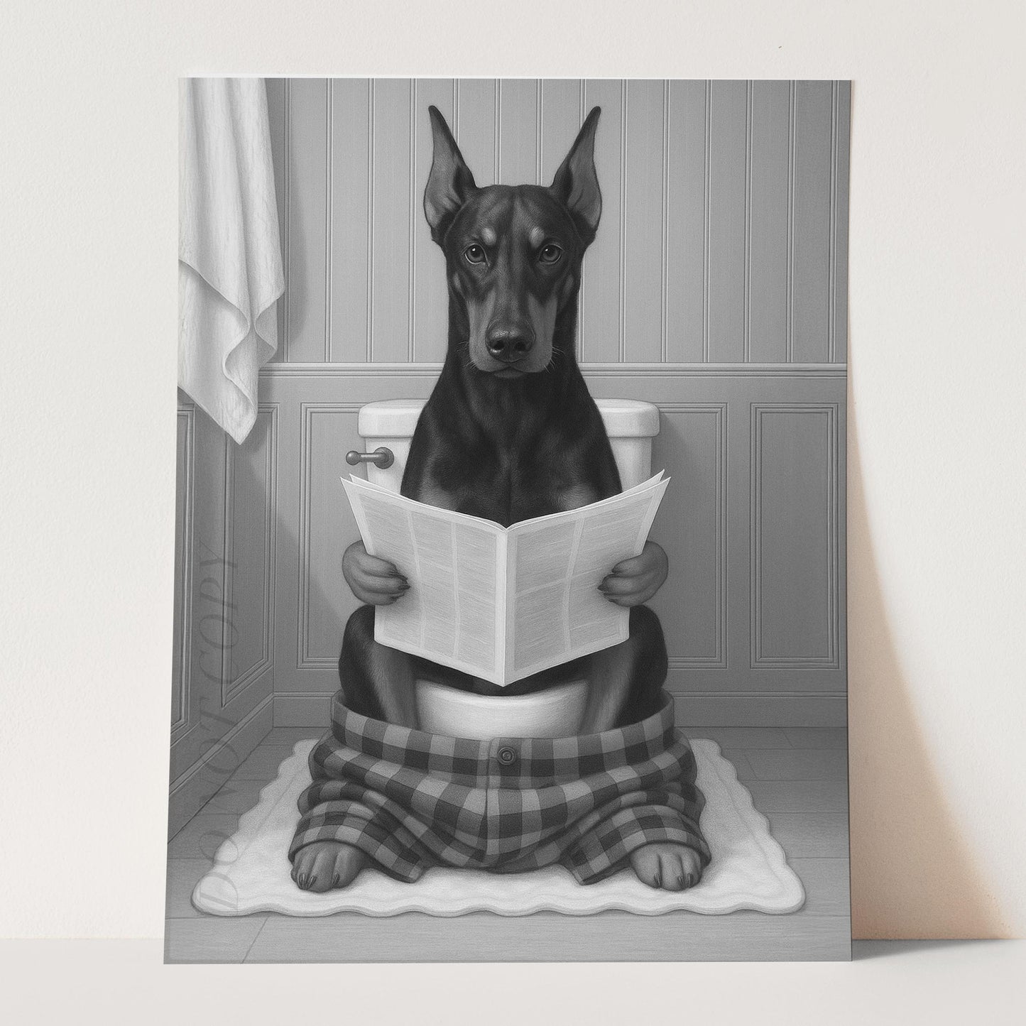 Dobermann Dog Reading The Newspaper On The Toilet