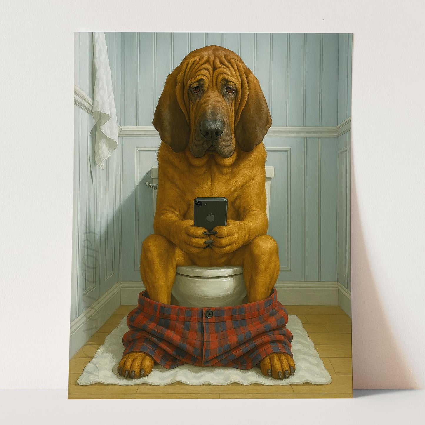Bloodhound Dog On The Phone On The Toilet