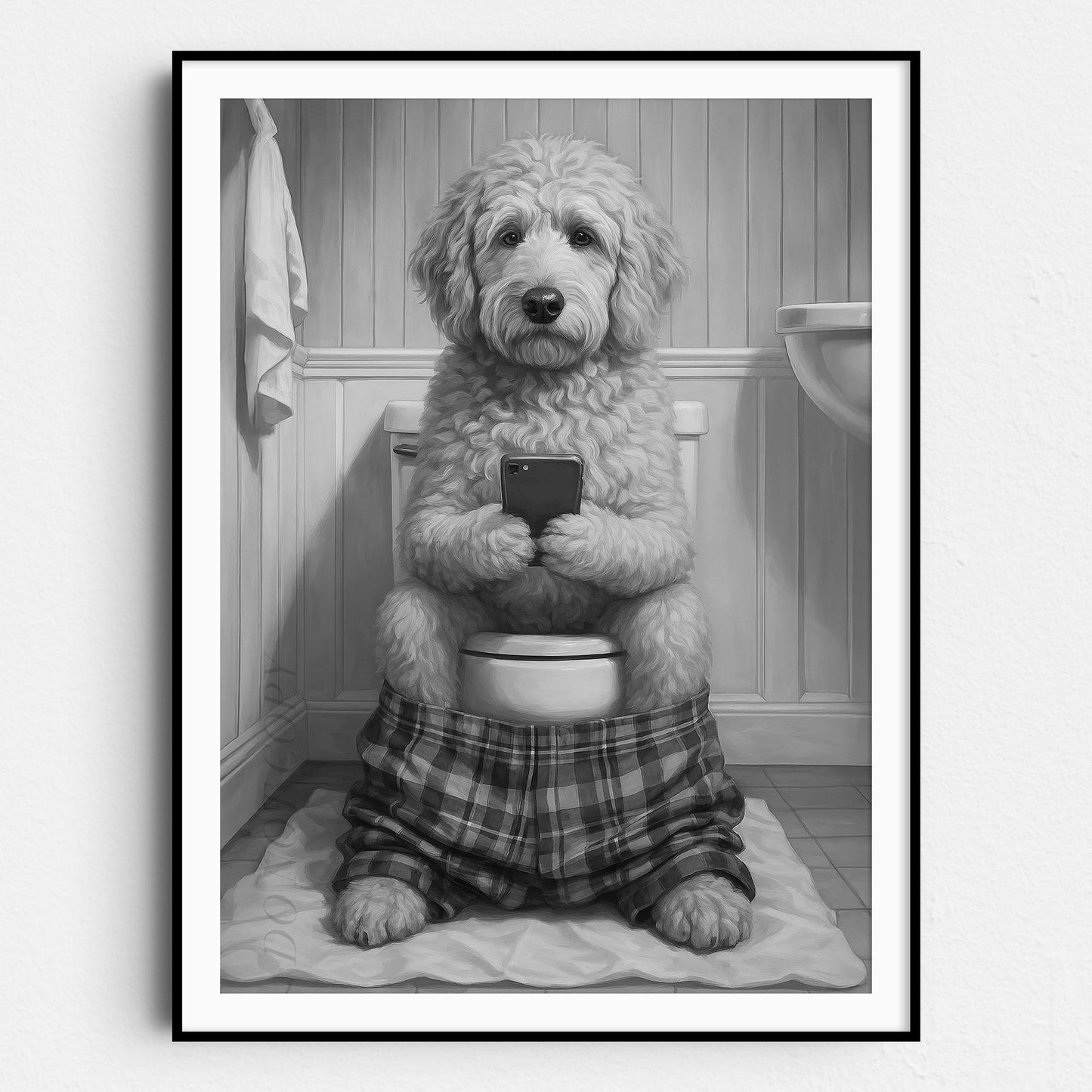 Golden Doodle Dog On The Phone On The Toilet