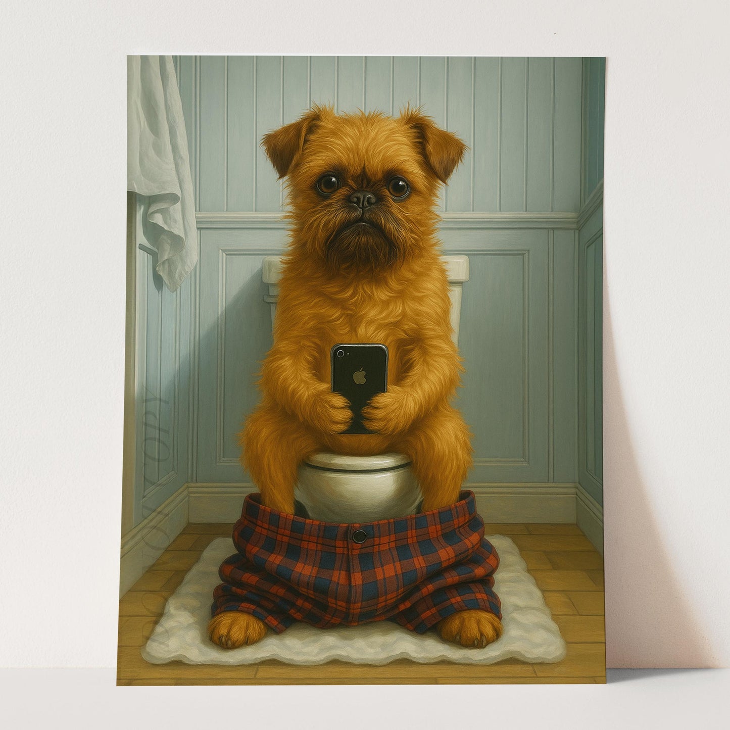Brussels Griffon Dog On The Phone On The Toilet