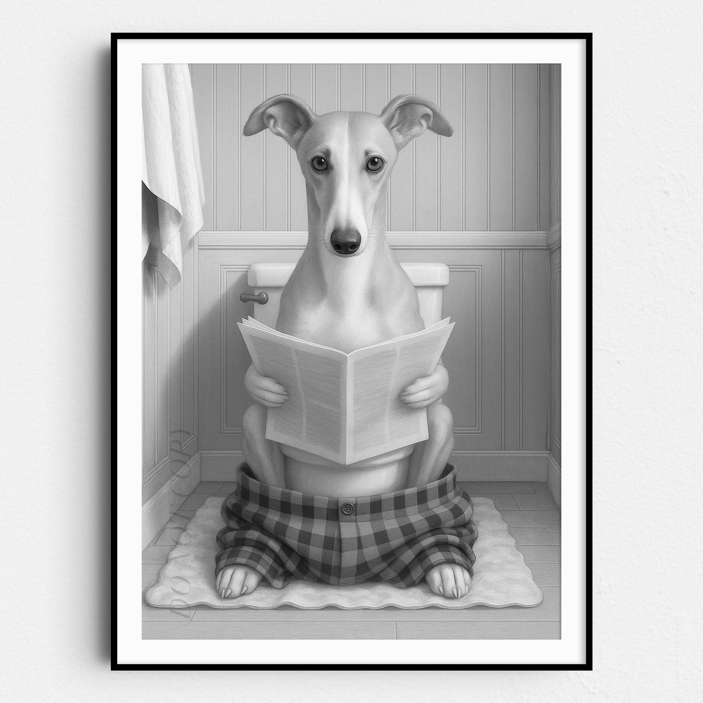 Greyhound Dog Reading The Newspaper On The Toilet