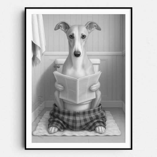 Greyhound Dog Reading The Newspaper On The Toilet