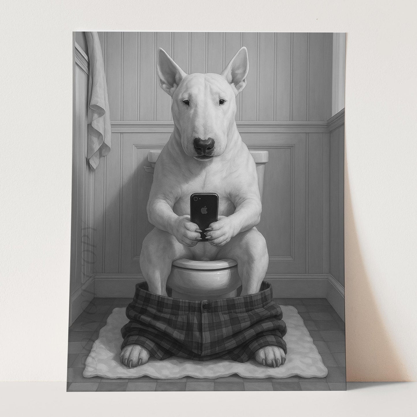 Bull Terrier Dog On The Phone On The Toilet