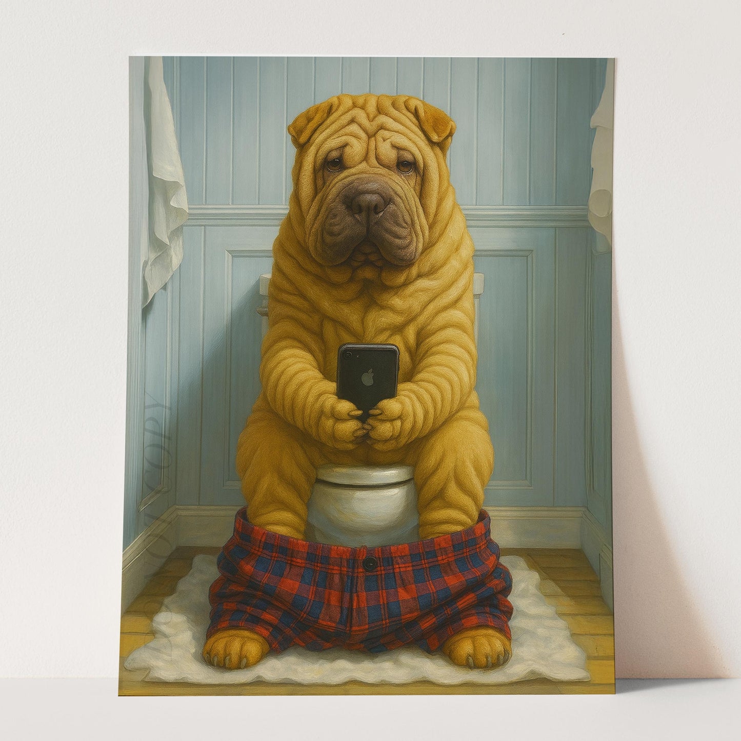 Chinese Shar-Pei Dog On The Phone On The Toilet