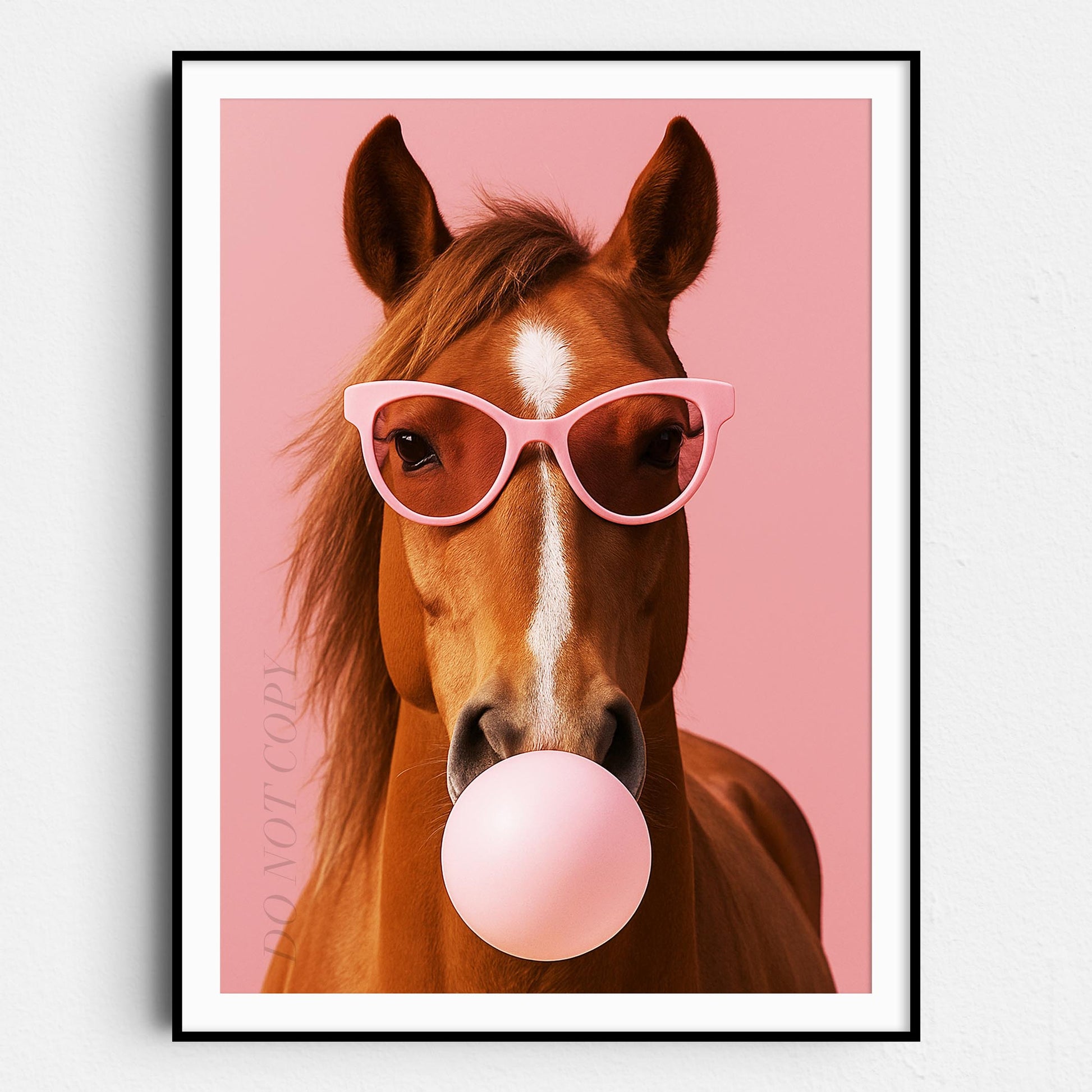 horse with goggles Horse with Sunglasses Blowing Pink Bubble Gum Art Poster Prints – Prints Limited