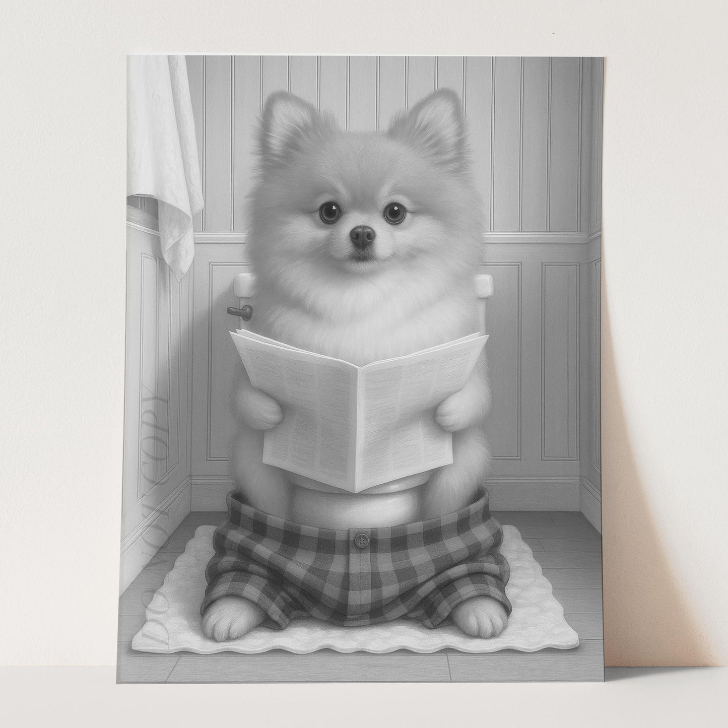 Pomeranian Dog Reading The Newspaper On The Toilet