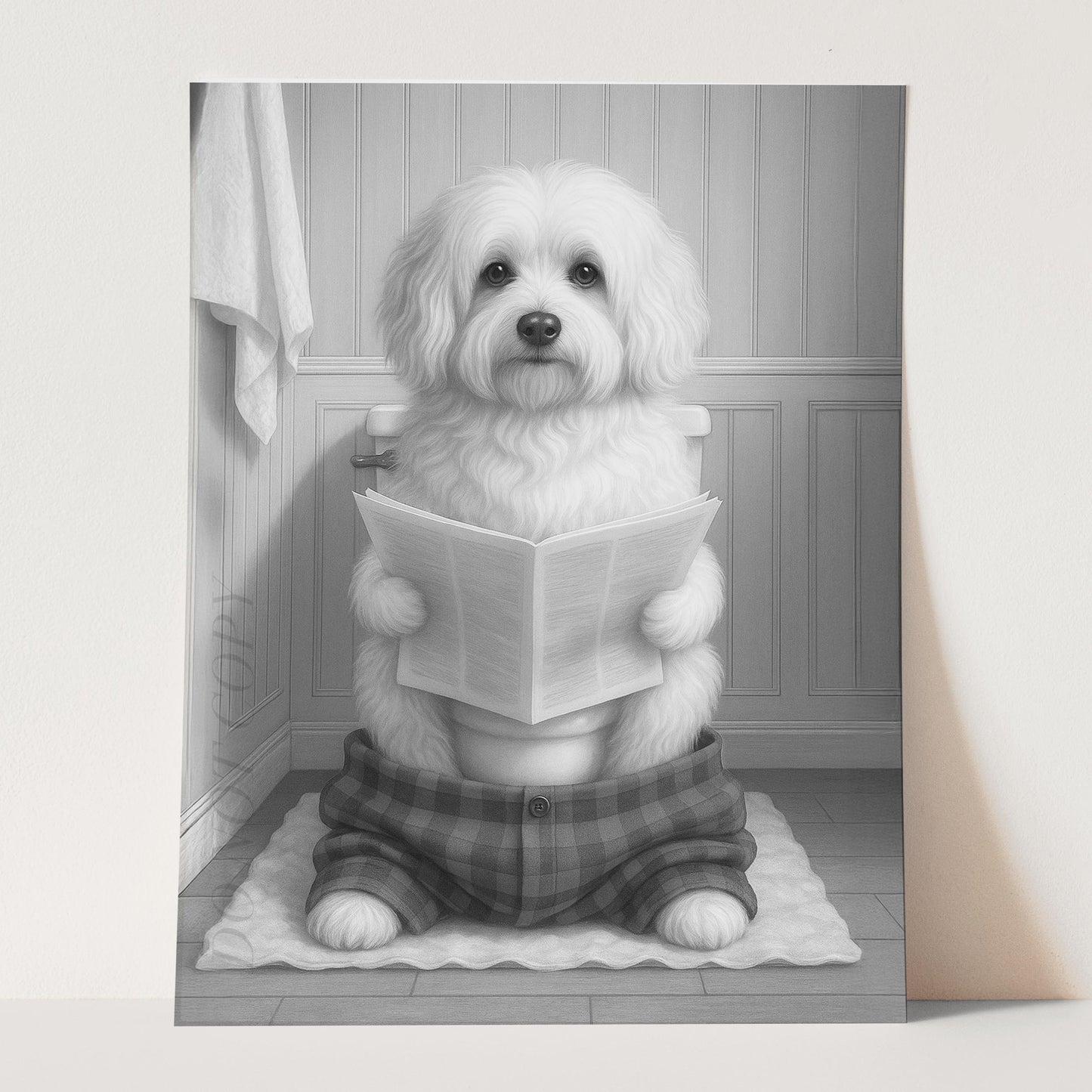 Havanese Dog Reading The Newspaper On The Toilet