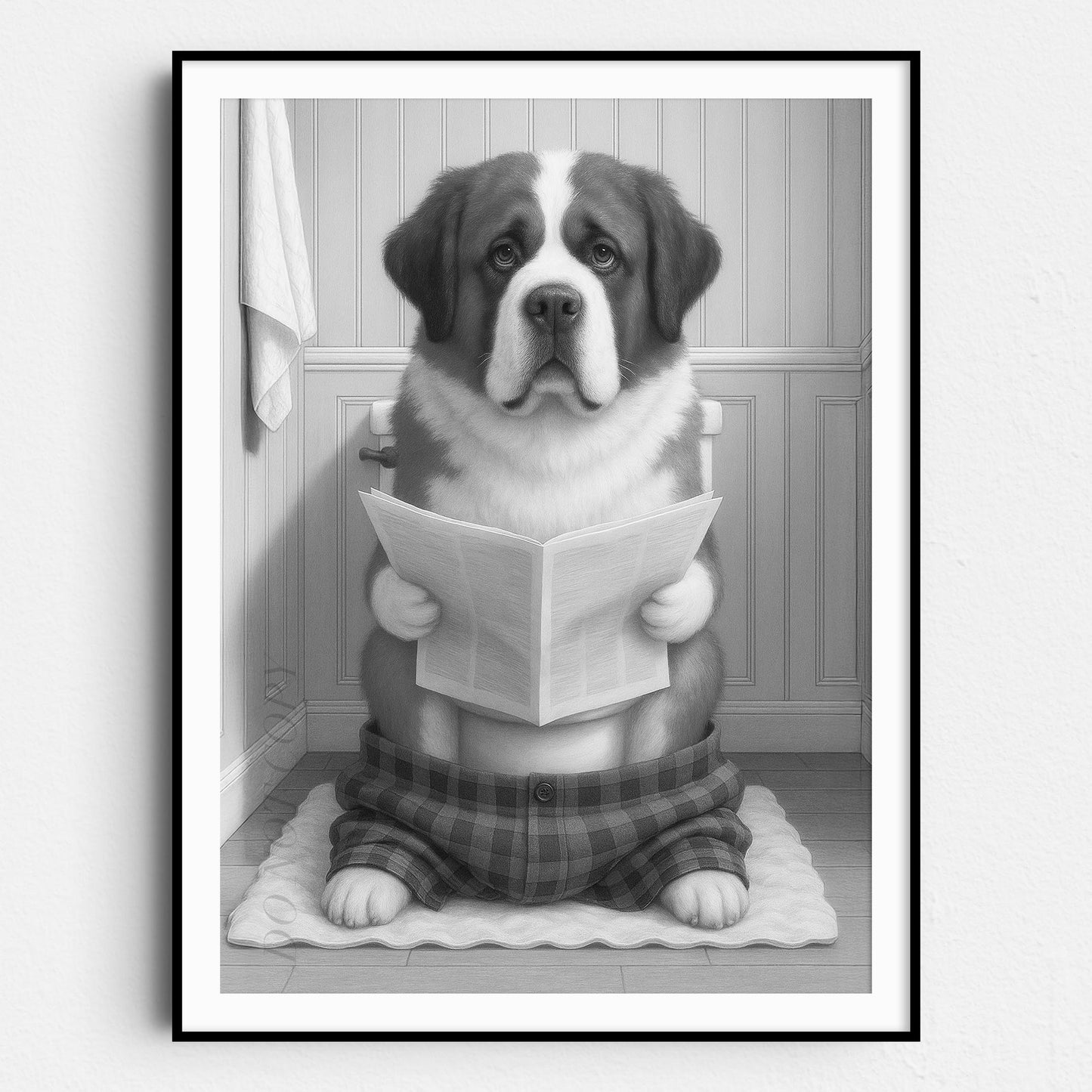 Saint Bernard Dog Reading The Newspaper On The Toilet