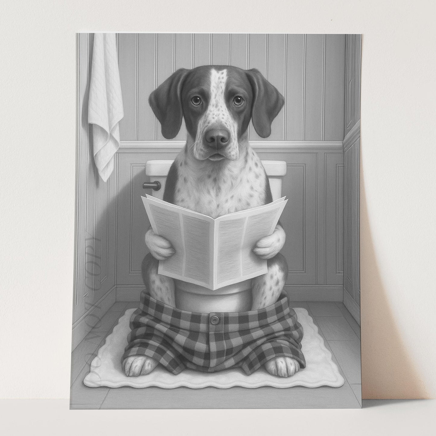 German Shorthaired Pointer Dog Reading The Newspaper On The Toilet