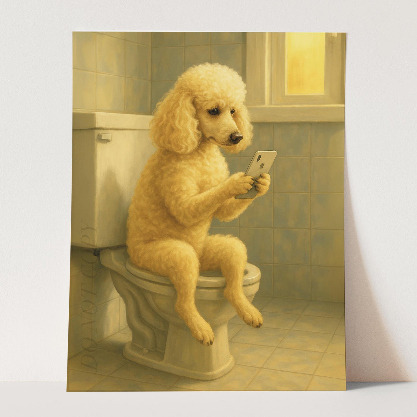 Poodle Dog On The Phone On The Toilet