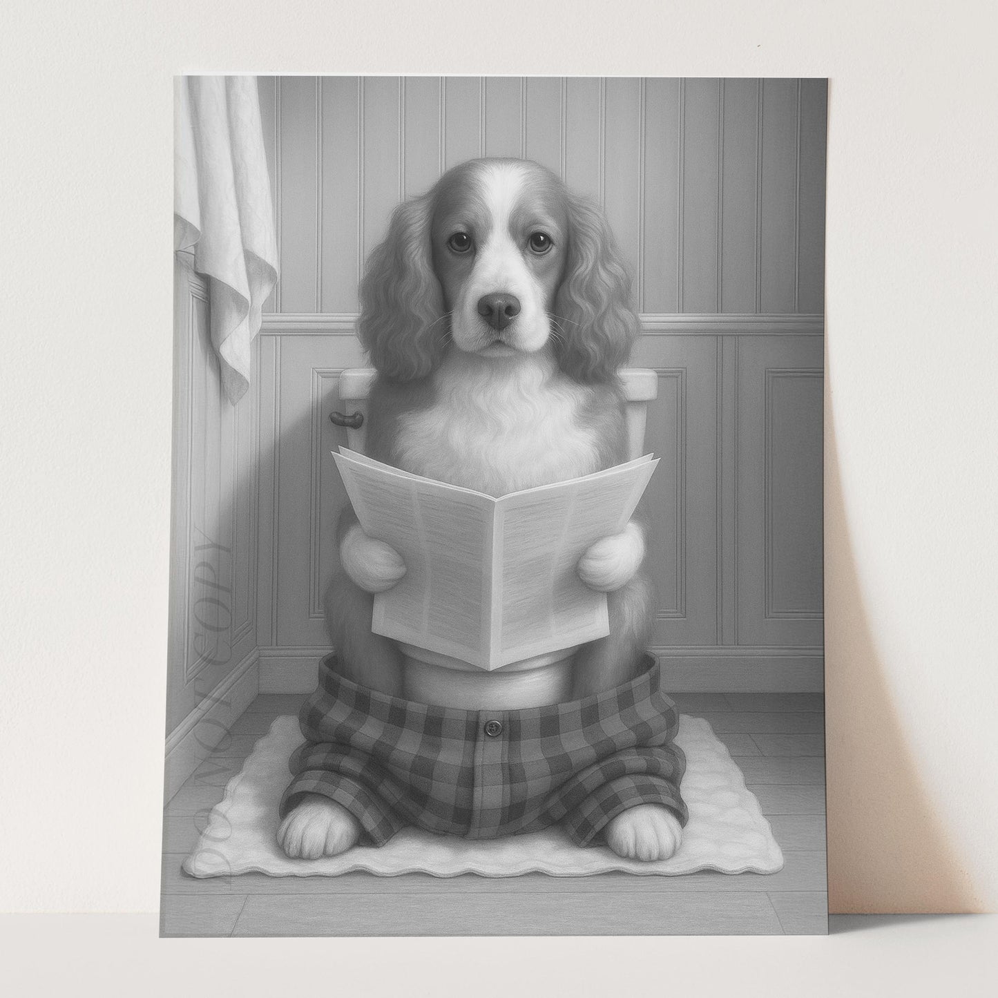 Cocker Spaniel Dog Reading The Newspaper On The Toilet