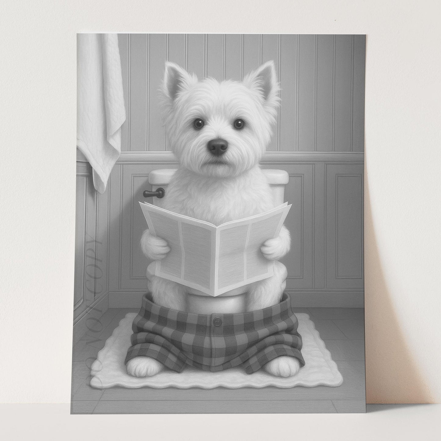 West Highland White Terrier Dog Reading The Newspaper On The Toilet