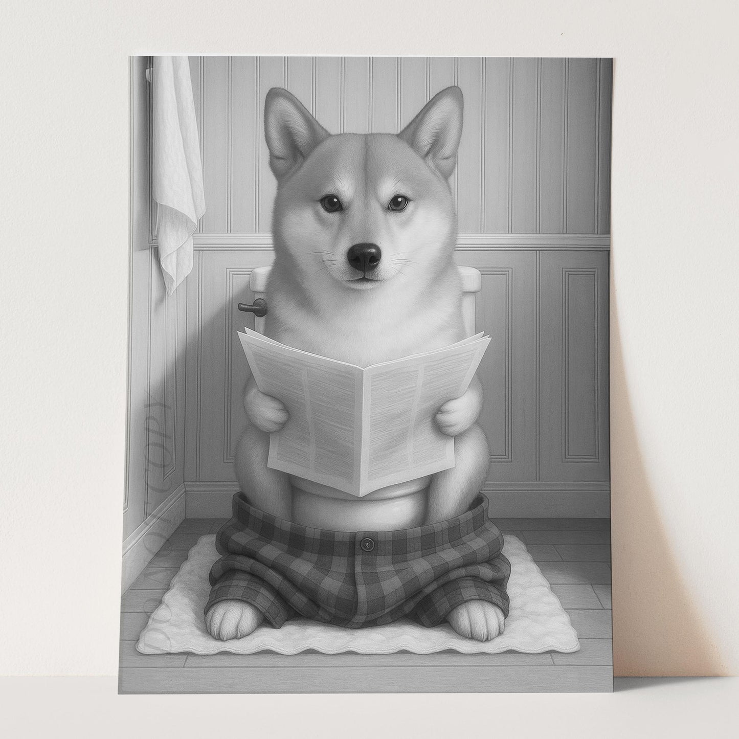 Shiba Inu Dog Reading The Newspaper On The Toilet