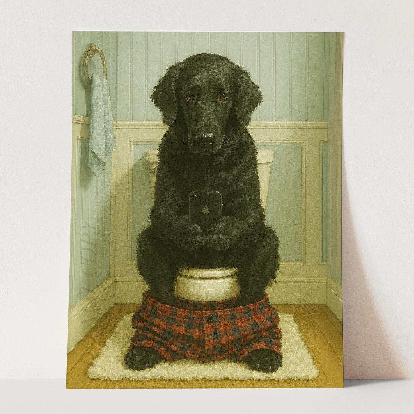 Flat-coated Retriever Dog On The Phone On The Toilet