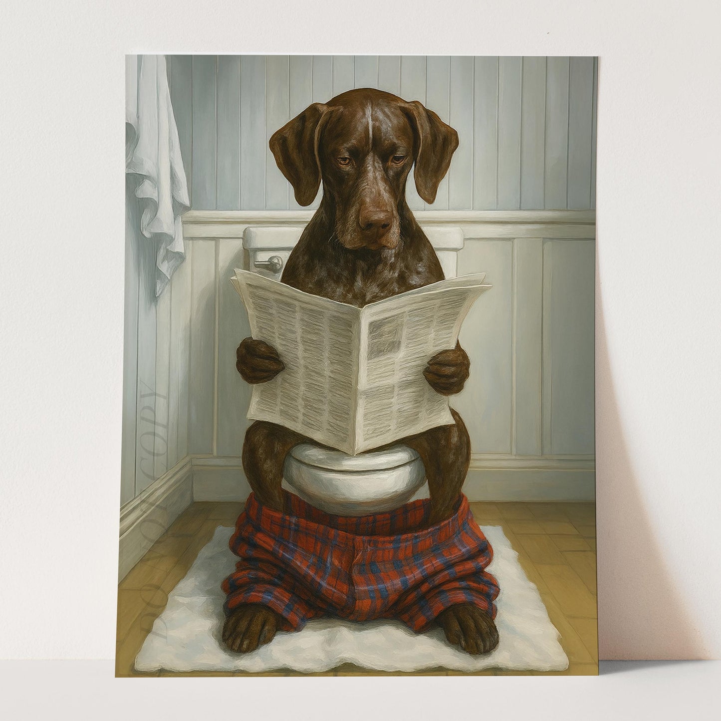 German Shorthaired Pointer Dog Reading The Newspaper On The Toilet