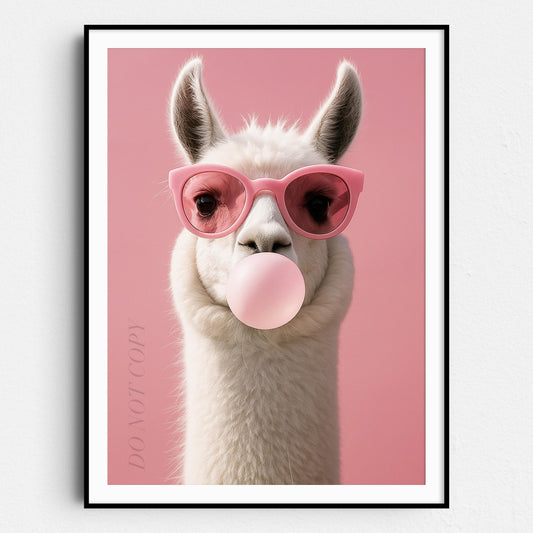 Llama with Sunglasses Blowing Pink Bubble Gum