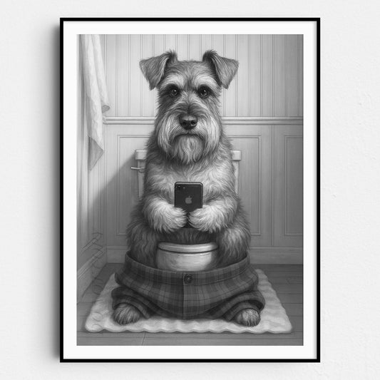Schnauzer Dog On The Phone On The Toilet