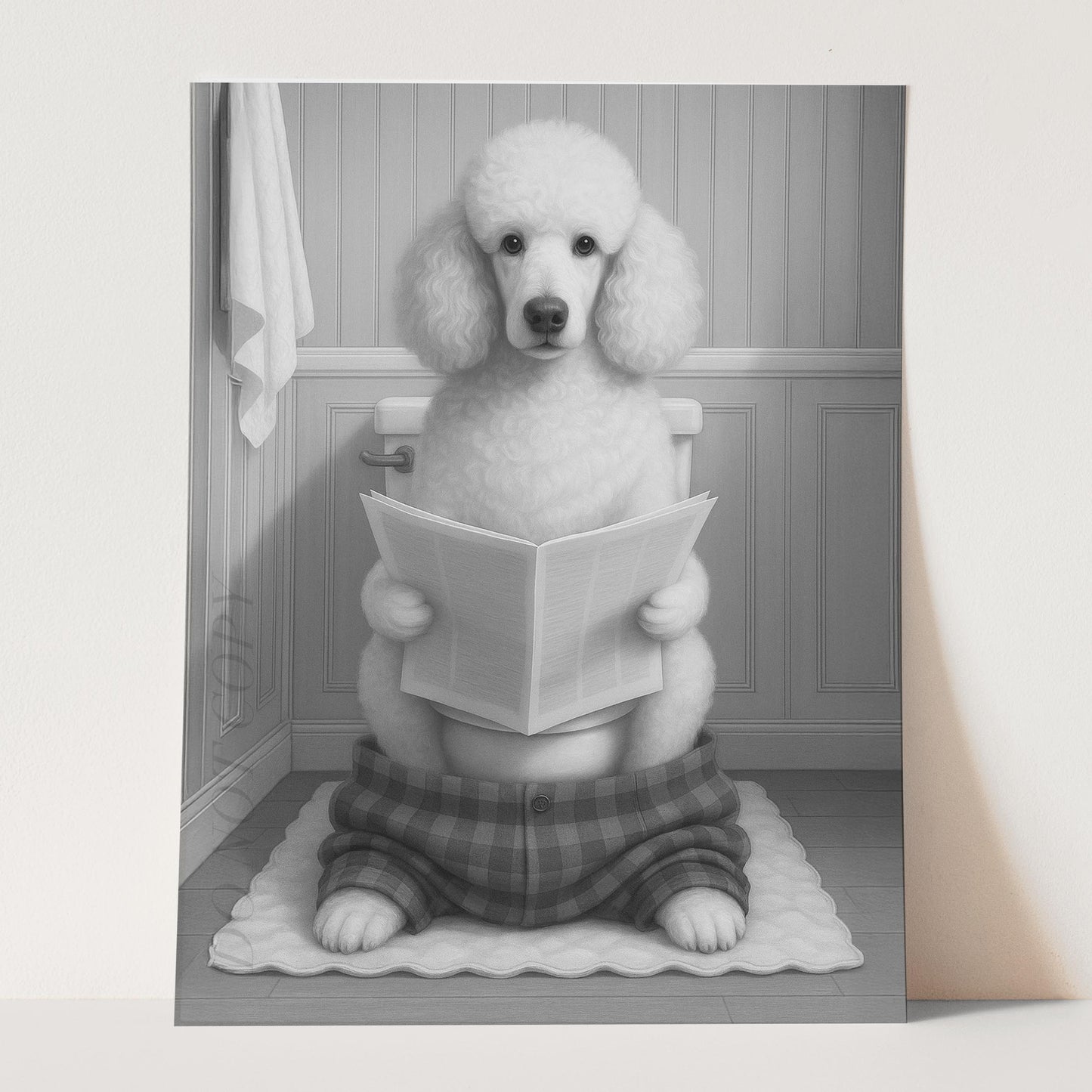 Poodle Dog Reading The Newspaper On The Toilet