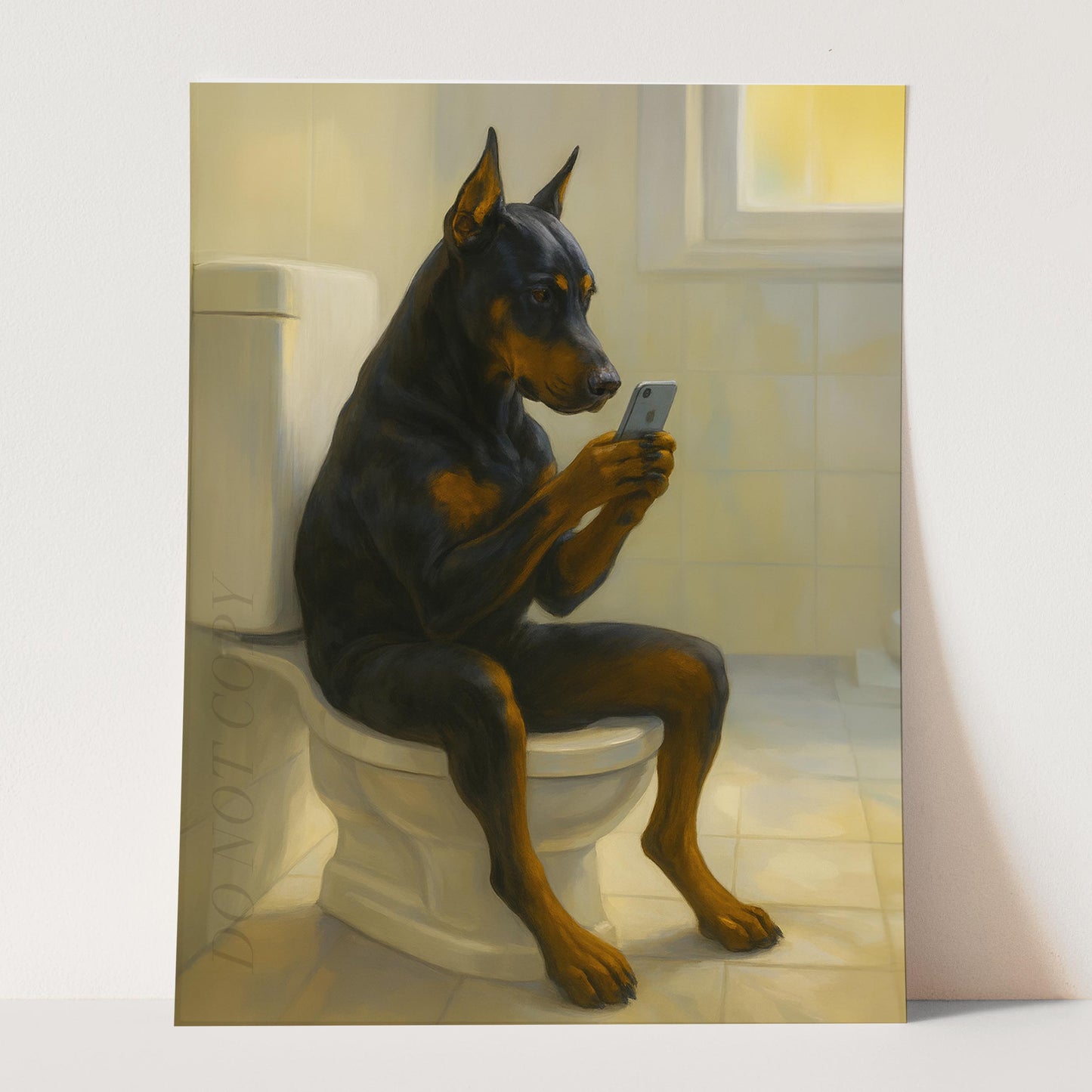 Doberman Pinscher Dog On The Phone On The Toilet