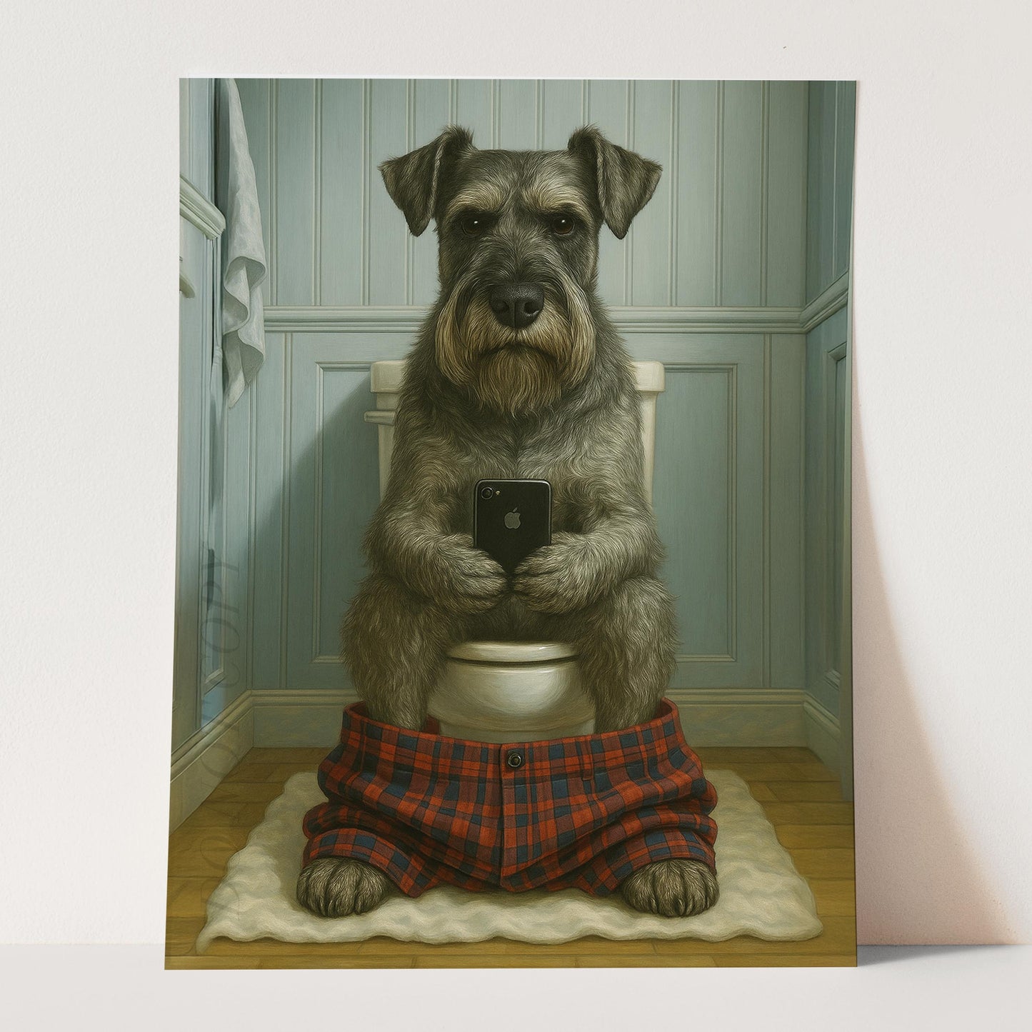 Standard Schnauzer Dog On The Phone On The Toilet
