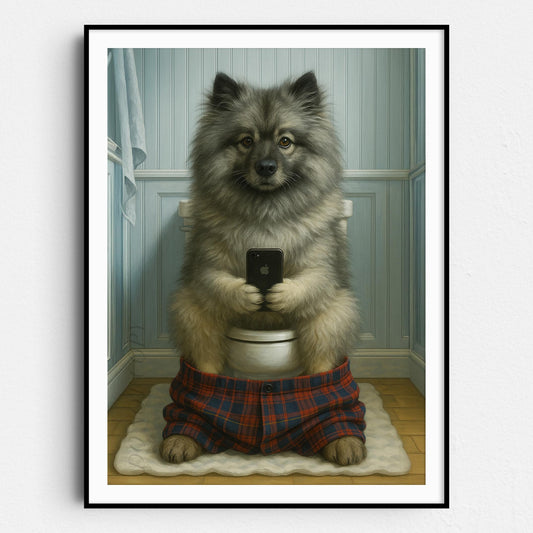 Keeshond Dog On The Phone On The Toilet
