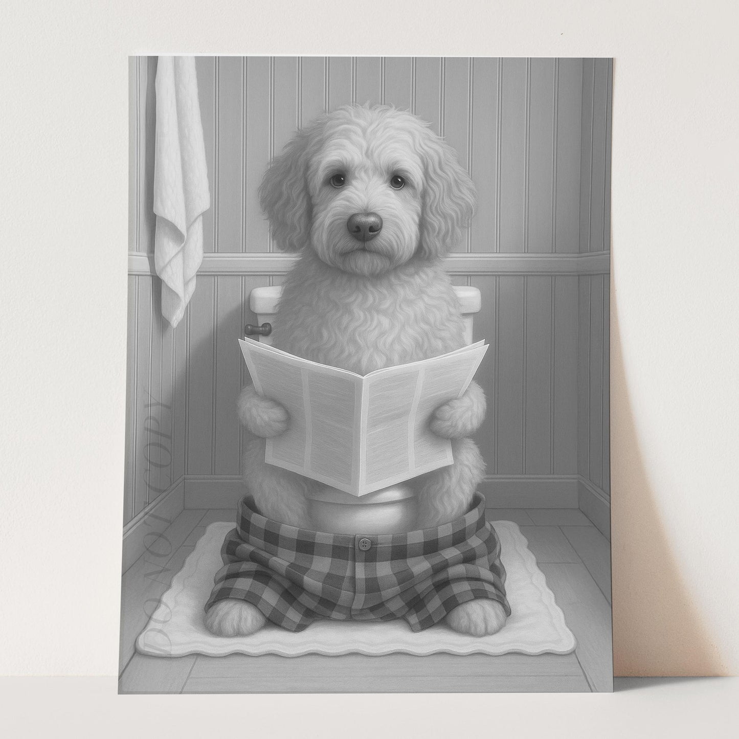 Labradoodle Dog Reading The Newspaper On The Toilet
