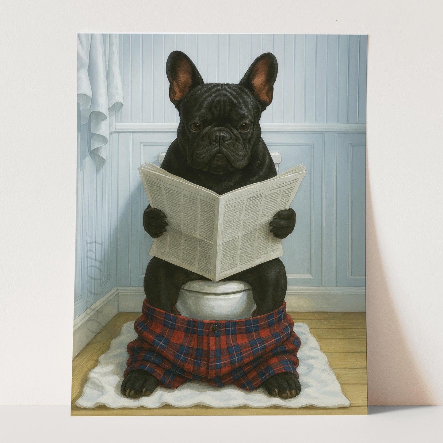 French Bulldog Reading The Newspaper On The Toilet