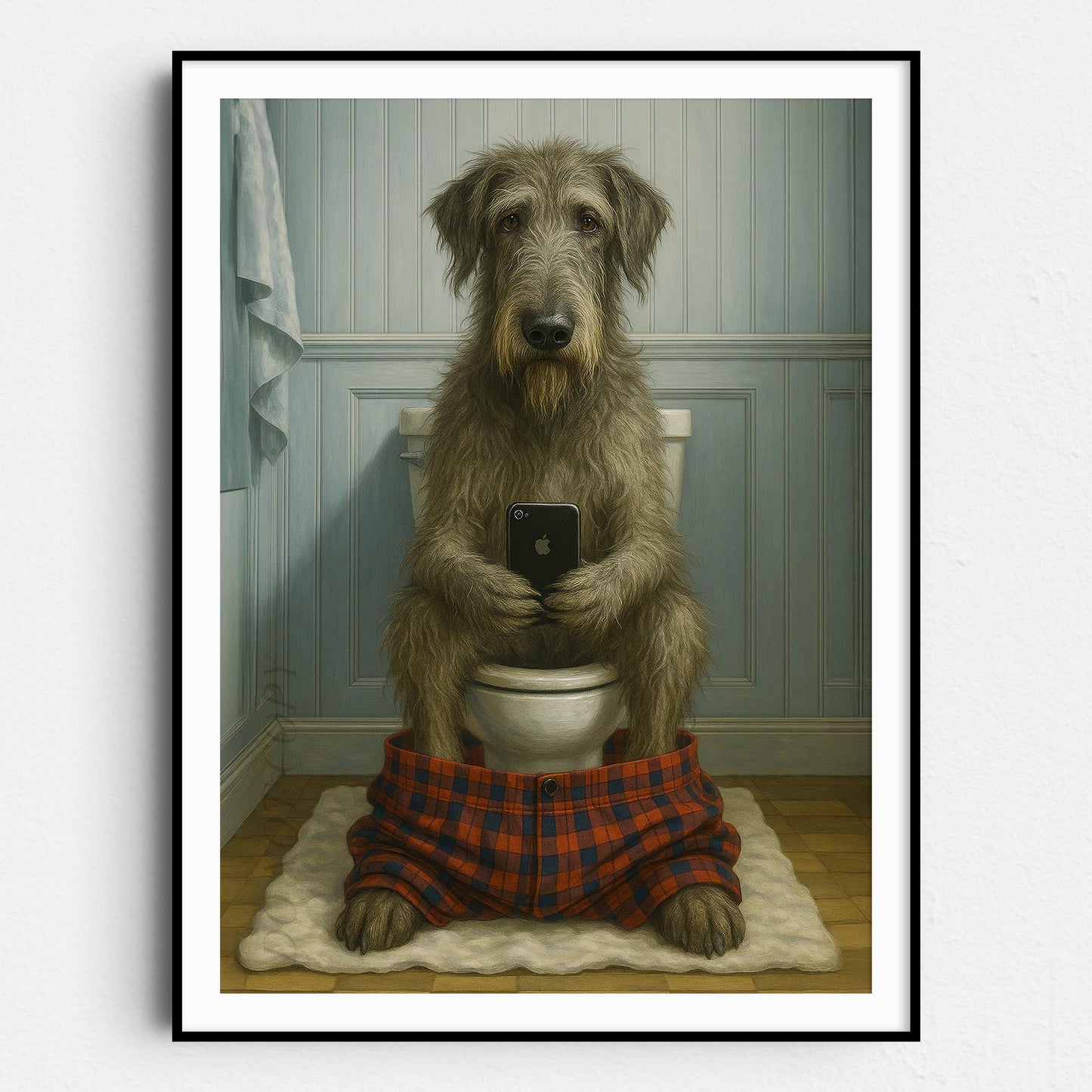 Irish Wolfhound Dog On The Phone On The Toilet